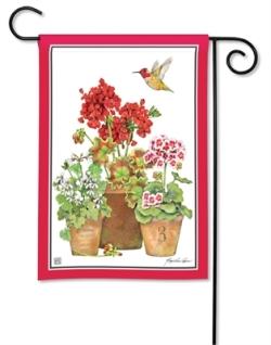 GARDEN FLAG POTTED GERANIUMS